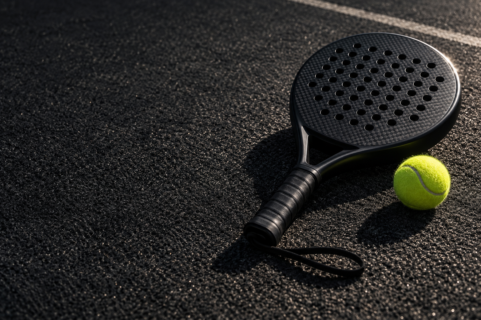 Padel equipment on a dark court